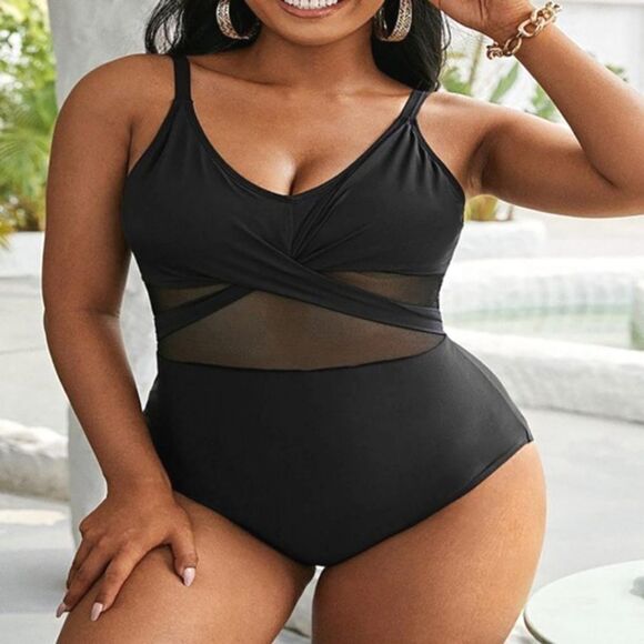 Plus Size Contrast Mesh Criss Cross One Piece sz 2X - Picture 5 of 5